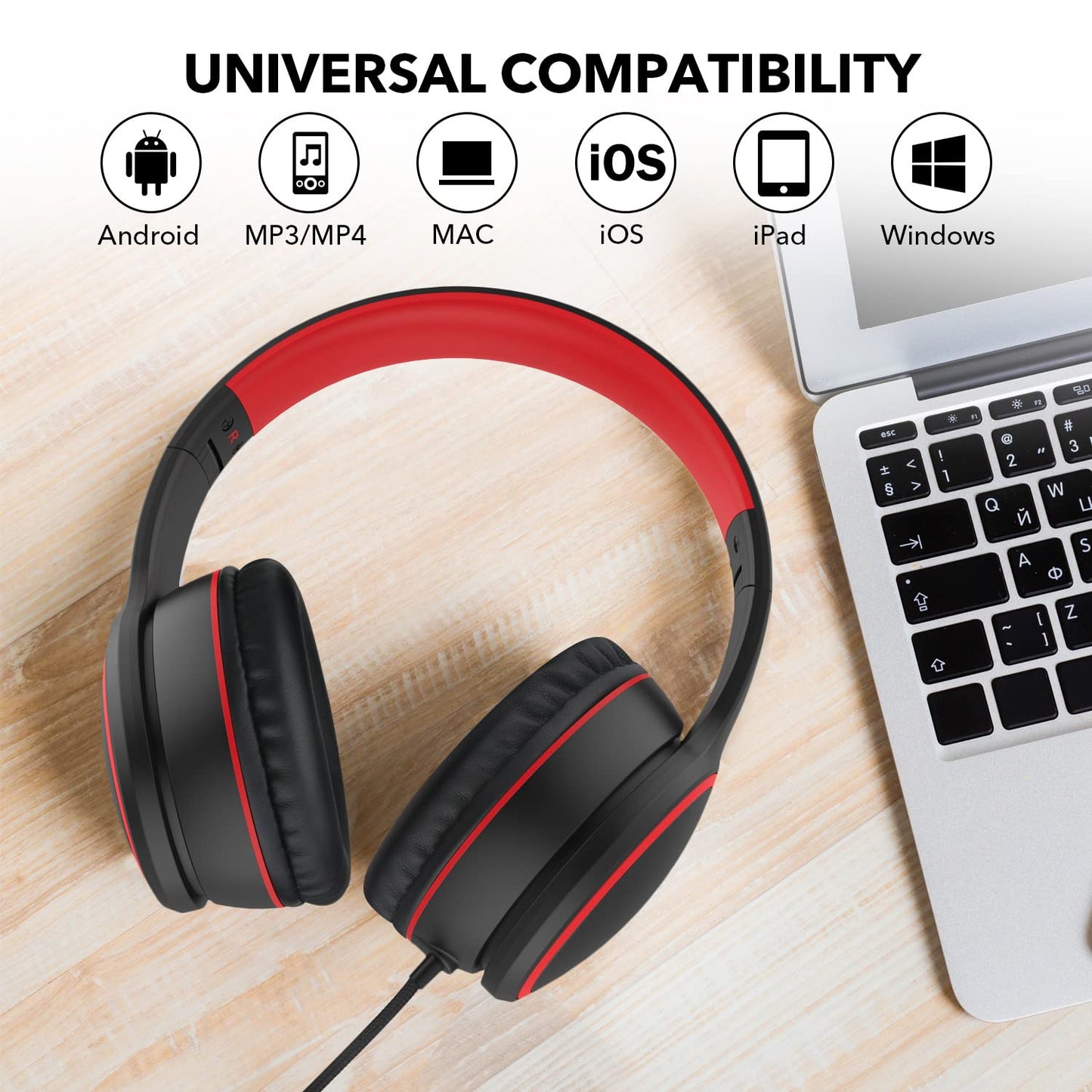 Auriculares supraurales RORSOU R10 con micrófono, auriculares estéreo ligeros y plegables con graves y cable antienredos de 1,5 m, auriculares portátiles con cable para teléfono inteligente, tableta, computadora, MP3/4 (negro)