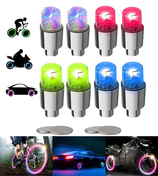 YUERWOVER 8 Pack LED Bike Wheel Lights Car Tire Valve Stems Caps Bicycle Motorcycle Waterproof Tyre Spoke Flash Lights Cool Reflector Accessories for Kids Men Women with 10 Extra Batteries(Multicolor)