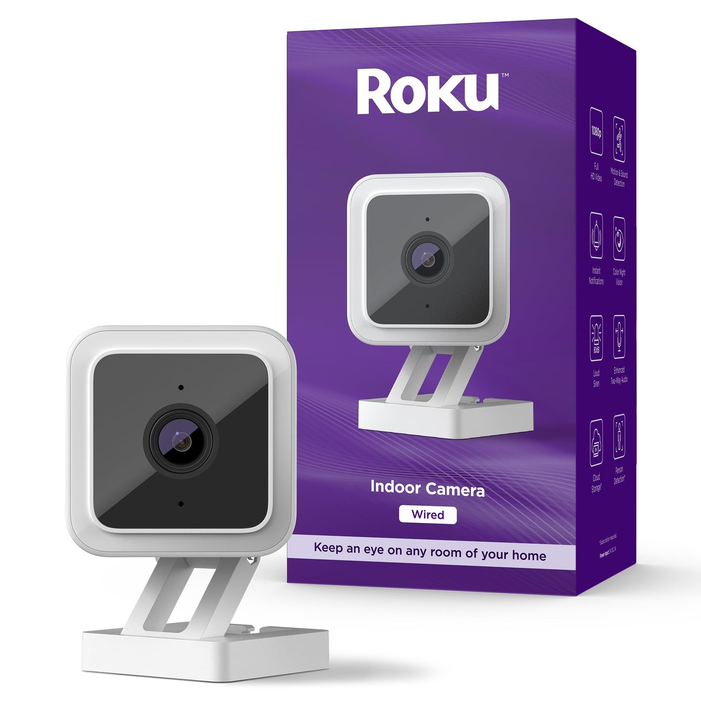 Roku Indoor Camera for Home Security, 1-Pack - Wired Security Camera with 1080p HD Color Night Vision, Compatible with Alexa & Google, Motion & Sound Detection, Built-in Siren,(Renewed)