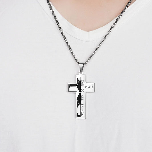 Soccer Cross Necklace for Men Bible Verse I CAN DO All Things Stainless Steel Sport Pendant for Men(Silver)