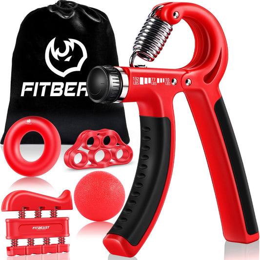 Kit de entrenamiento para fortalecer el agarre de la mano (paquete de 5) FitBeast - Pinza de agarre ajustable para antebrazos, ejercitador de dedos, estirador de dedos, anillo de agarre y pelota de agarre para aliviar el estrés para atletas (rojo)