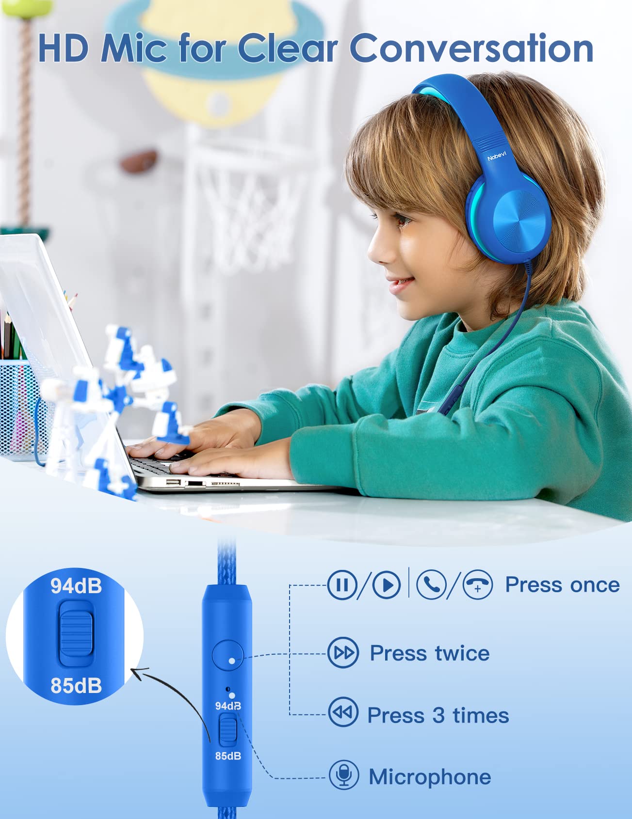 Nabevi Kids Headphones with Cord, Over-Ear Headphones for Kids with Microphone, 85/94dB Volume Limit Headset for Kids with Shareport, Wired Headphones for School, Toddler Headphones for Tablet/iPad