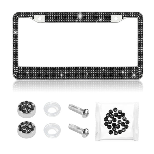 Bling Diamond License Plate Frame,Universal Stainless Steel License Plate Holder Fits U.S. Standard 2 Holes Model,Sparkle License Plate Frames Bling Car Accessories for Women (Black)