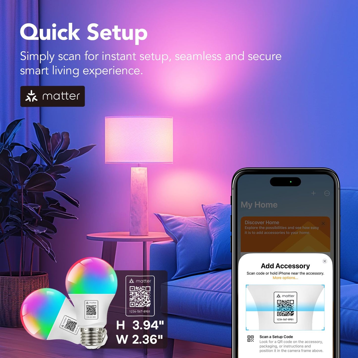 Bombilla inteligente OREiN Matter, bombillas inteligentes que funcionan con Apple Home, Alexa, Google Home, SmartThings, bombillas A19 que cambian de color, WiFi de 2,4 GHz, 800 lúmenes equivalentes a 60 W, paquete de 4