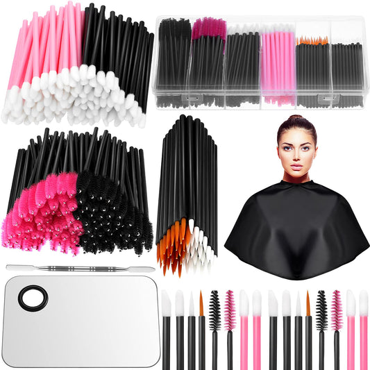 260 Pieces Disposable Makeup Tools Kit, Includes Eyeliner Brushes Mascara Wands Lipstick Applicators Plastic Storge Box Short Waterproof Cape Stainless Steel Makeup Palette and Spatula (Mixed Color)