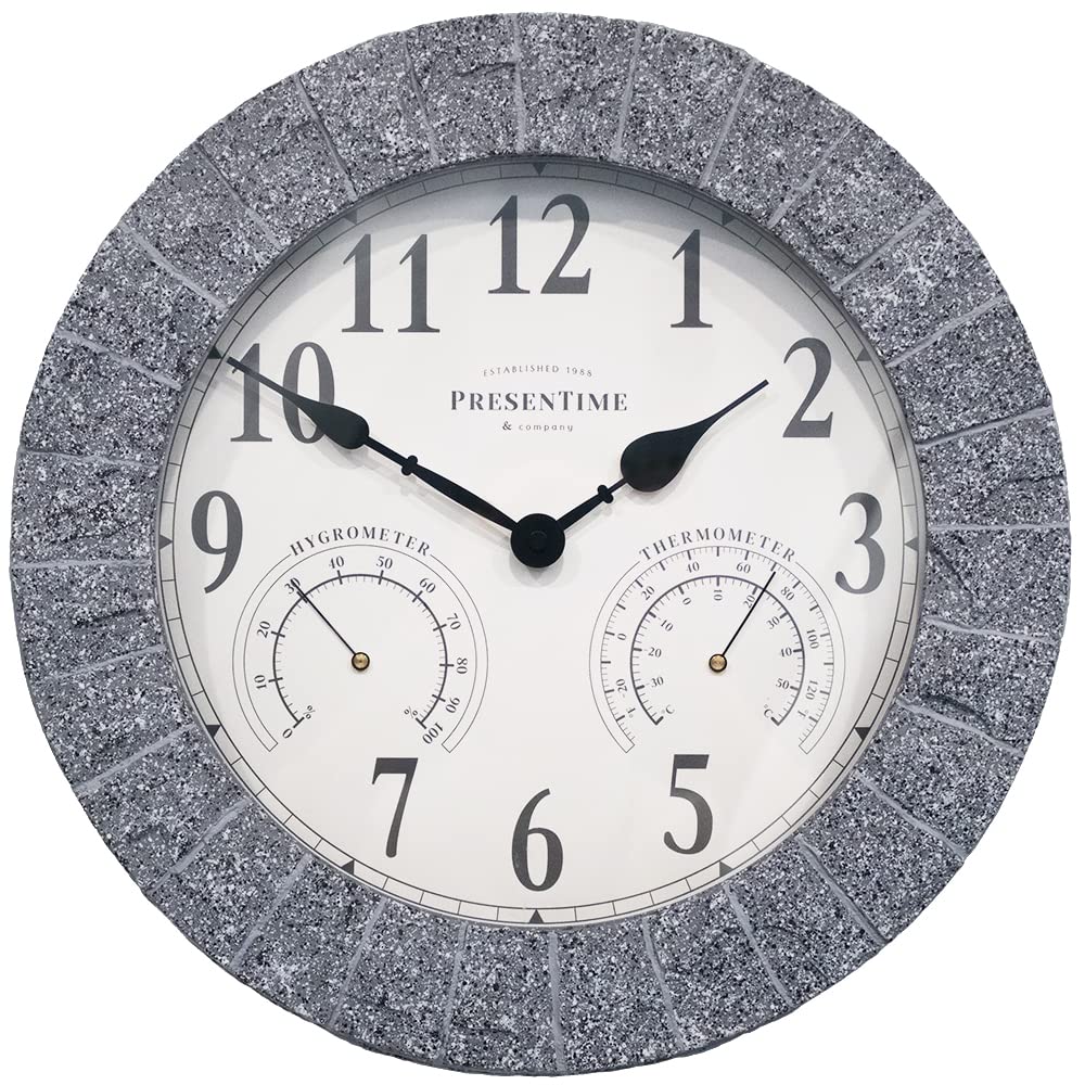 Horloge extérieure en grès Presentime &amp; Co avec thermomètre et hygromètre comme station météo tout-en-un, 14", finition grès gris. Thermomètre météo, décoration extérieure, décoration murale.