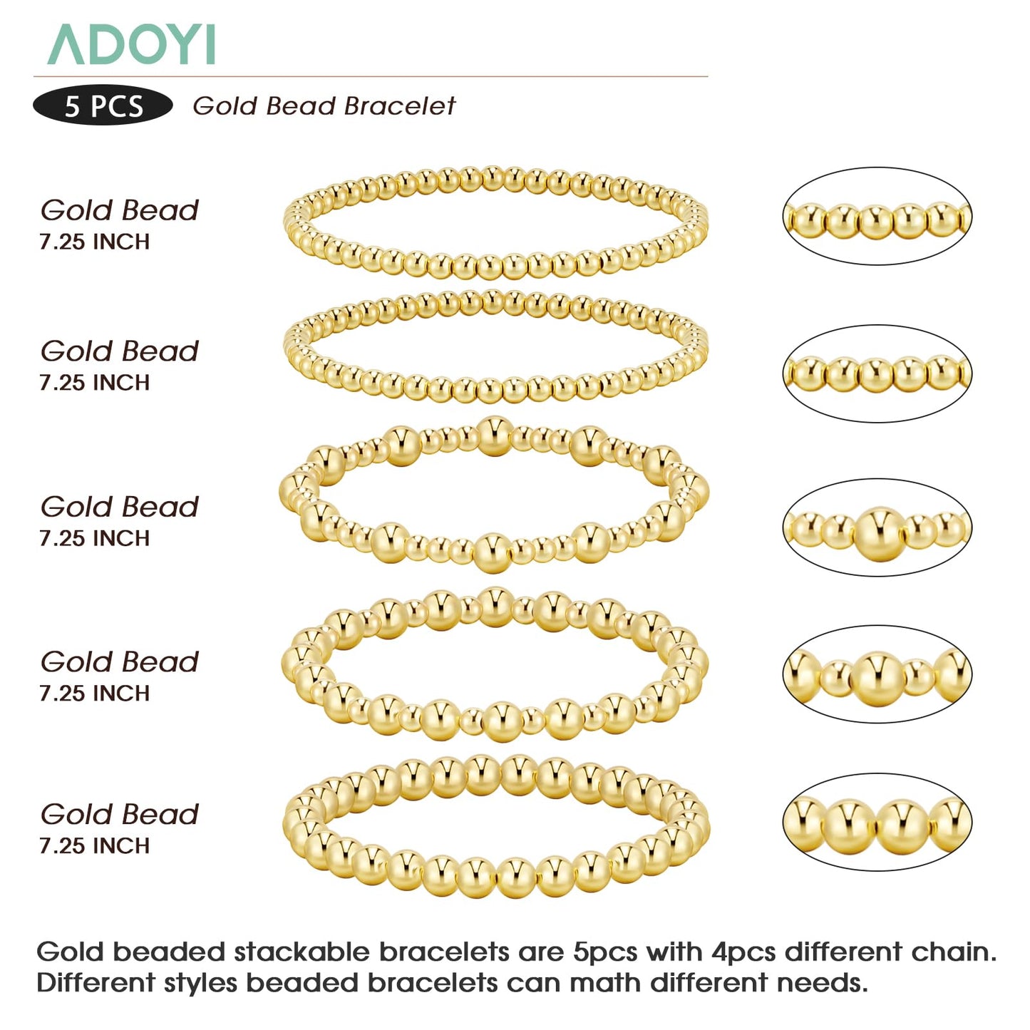 adoyi Gold Bracelets for Women, 14K Gold Plated Beaded Bracelets Stretch Bead Ball Bracelet stack Set Adjustable Bracelet Set Jewelry for Gifts (5PCS Gold-A)