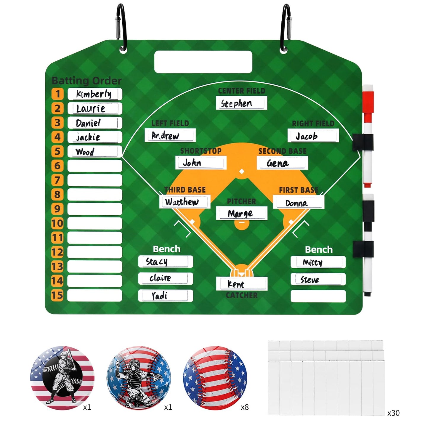 Magnetic Baseball Lineup Board for Dugout，Large Dry Erase Baseball Coach Lineup Board，Double-Sided Baseball Clipboard for Coaches with 30 Lineup Cards,10 Decal, 2 Marker Softball Coaching Accessories