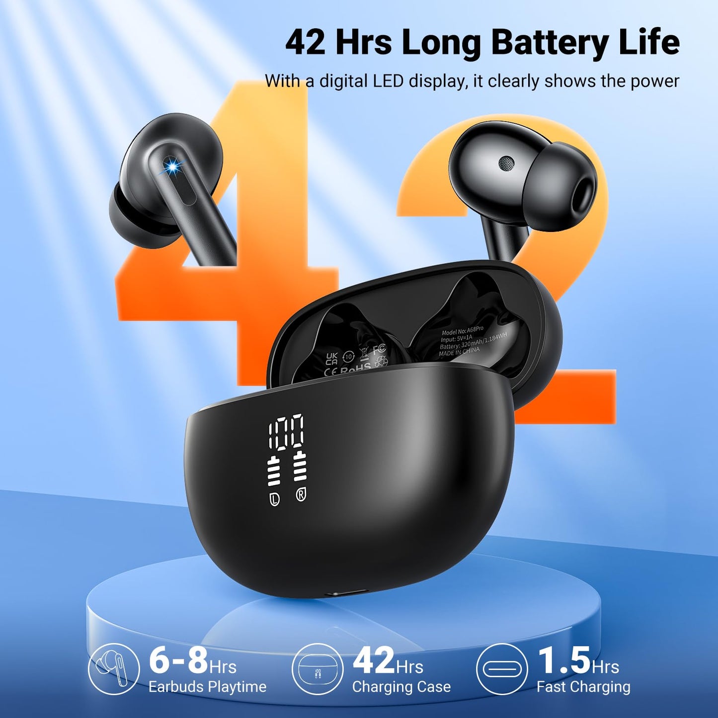 Wireless Earbuds, Bluetooth 5.3 Headphones HiFi Stereo & 4 ENC Mic, 42H Playtime Ear Buds with Charging Case LED Display, Bluetooth Earphones IPX7 Waterproof for iOS Android Earpods Sports Workout