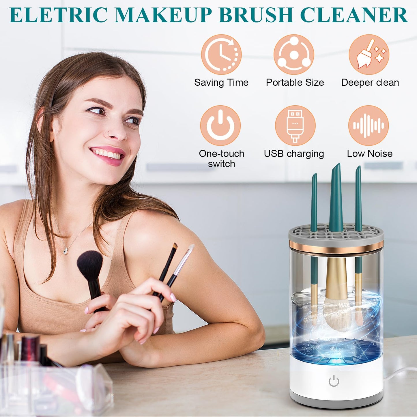 Makeup Brush Cleaner Machine, Automatic Cosmetic Brush Cleaner Makeup Brush with Brush Clean Mat，Electric Makeup Brush Cleaner Tools for All Size Makeup Brush