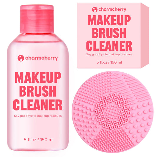 CharmCherry Makeup Brush Cleaner Kit (5 fl.oz), Clean Makeup Brush Cleaner Solution, Makeup Brush Cleaner, Makeup Brush Shampoo, Beauty Sponge, Powder Puff, Makeup Brush Cleanser with Cleaning Mat