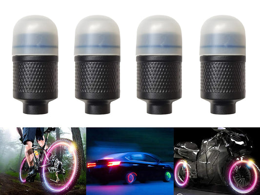 YUERWOVER 4 Pack LED Bike Wheel Lights Car Tire Valve Stems Caps Bicycle Motorcycle Waterproof Tyre Spoke Flash Lights Cool Reflector Accessories for Kids Men Women with 6 Extra Batteries(Colorful)