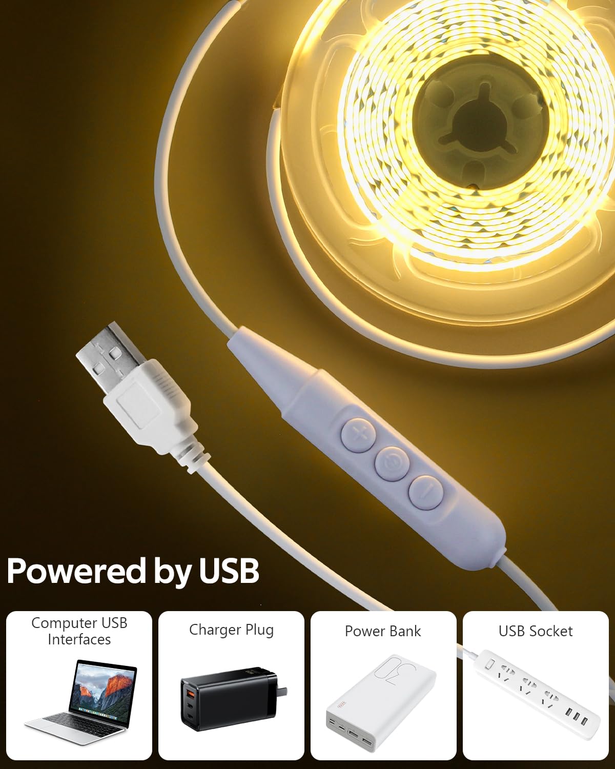 Tira de luces LED COB Aclorol alimentada por USB, 6,56 pies, 640 LED, luz de fondo LED para TV blanca cálida de 3000 K, 5 V, regulable, luz flexible COB con cable USB de 1,5 m para monitor, escaleras, dormitorios, proyectos de bricolaje, CRI85+