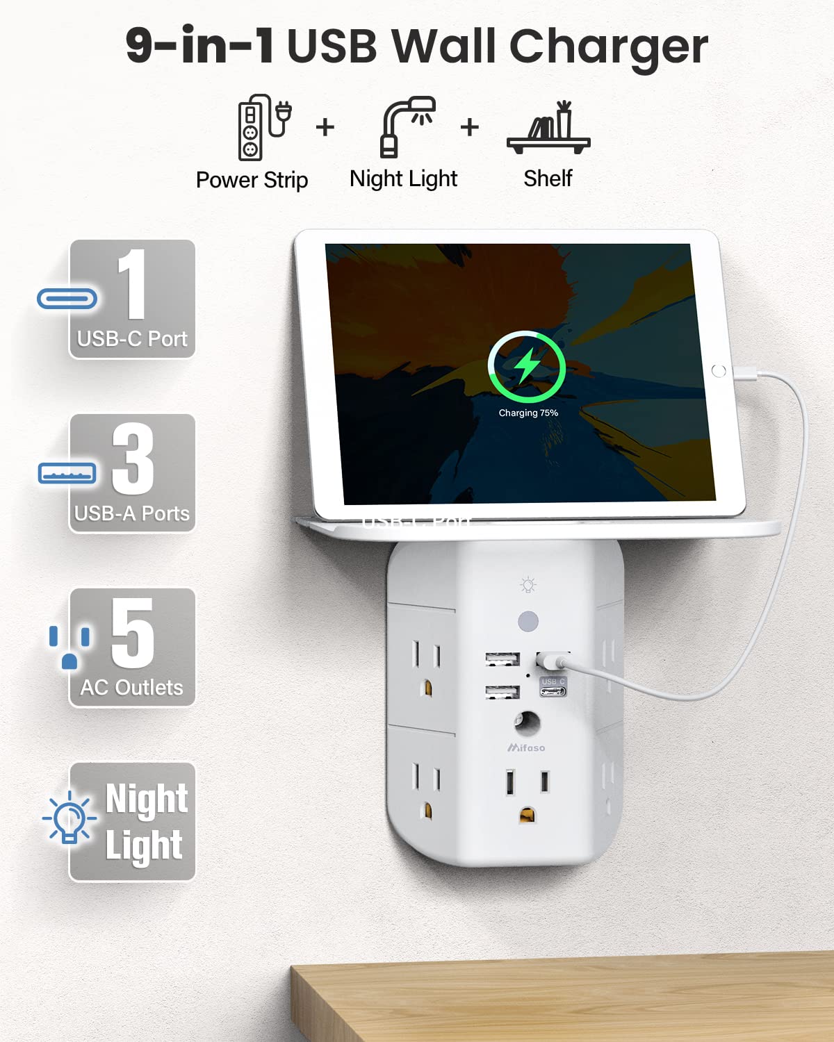 Extensor de toma de corriente de pared con estante y luz nocturna, protector contra sobretensiones, cargador de pared USB con 5 tomas de CA y 3 puertos USB, 1 toma USB C, regleta de enchufes de 3 lados de amplio espacio, enchufes múltiples…