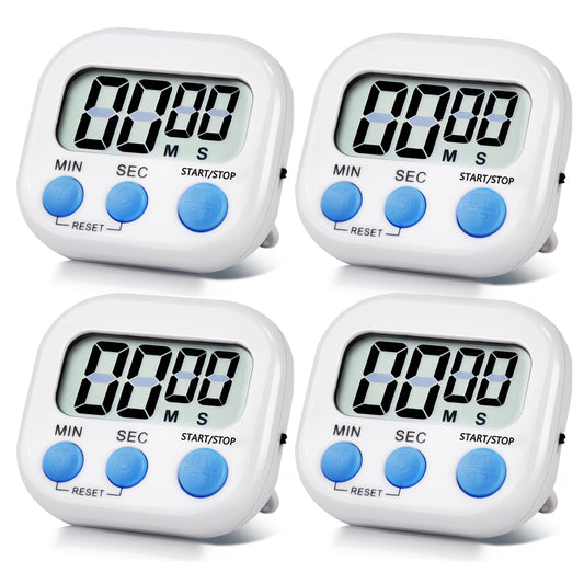 4 Pack White Electronic Timer Loud Ring Kitchen Timer for Cooking Big Display Digital Timer Magnetic Backing Stand Electronic Timer for Cooking, Bathing, Gym, Meeting, Break Time (4, White)