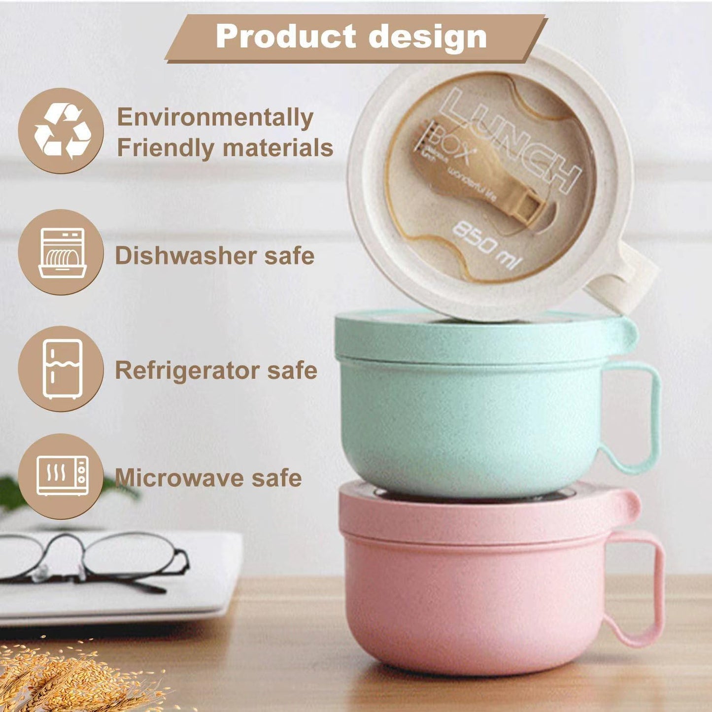 Rarapop 2 Pack Microwave Soup Bowl Containers with Lids, 28.7oz Wheat Straw Ramen Noodles Cup Mug for Instant Noodles,Oatmeal, Gumbo, Salad,Crunch,Cereal & More, Easy-Grip Design(Beige,Green)