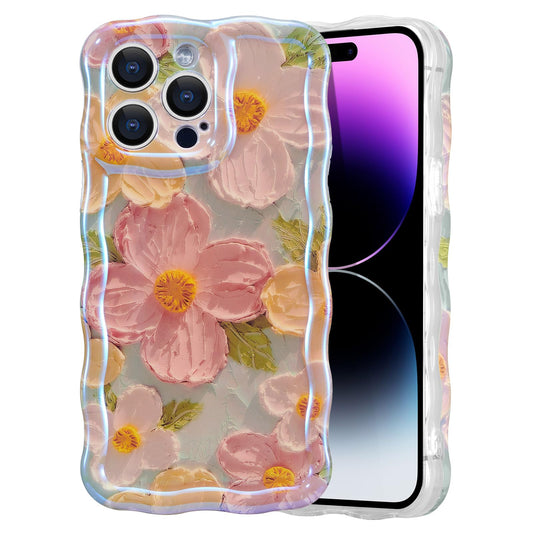 iPhone 13 Pro, Colorful Retro Oil Painting Printed Flower Laser Glossy Pattern Cute Curly Waves Border Exquisite Phone Cover Stylish Durable TPU Protective Case for Girls Women -Green