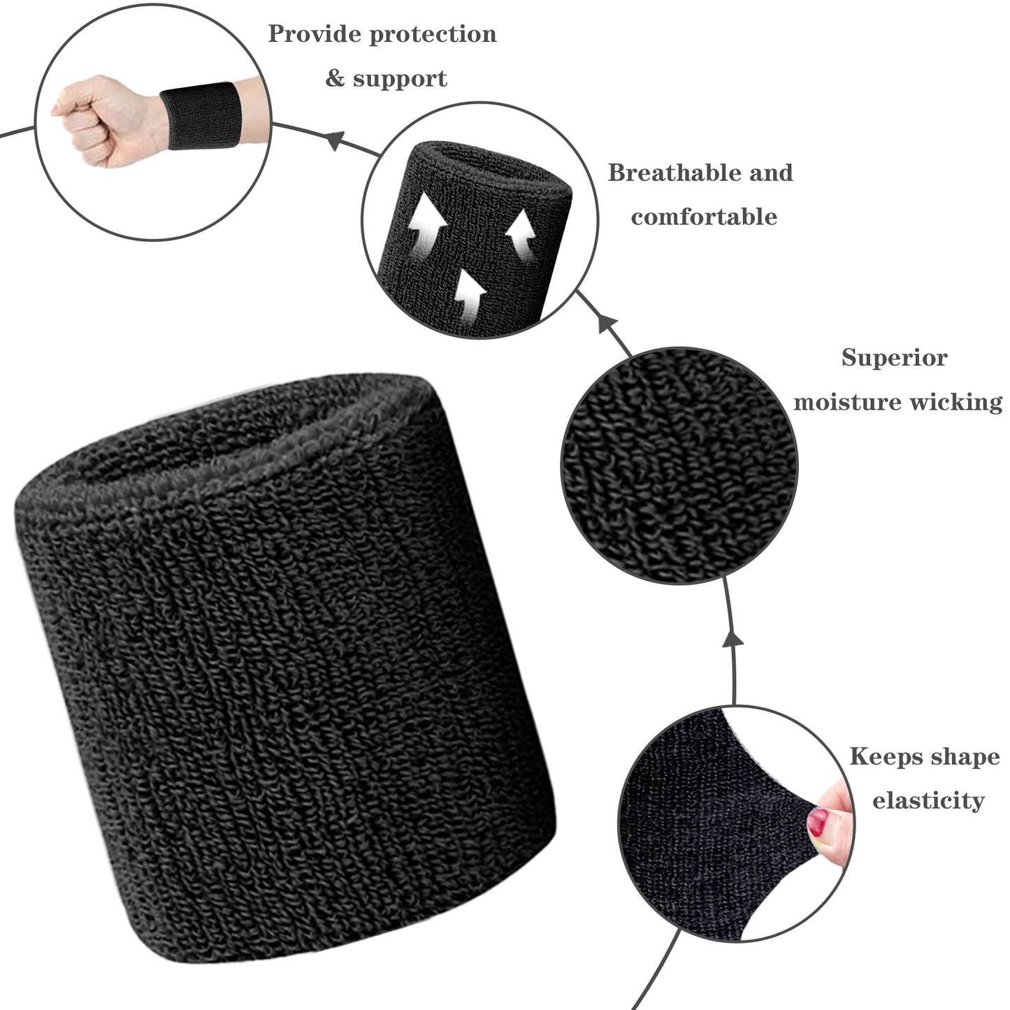 IMAGERIO - Pack de 8 muñequeras absorbentes para el sudor para tenis, para hombres y mujeres, de algodón transpirable, para hacer ejercicio, fútbol, ​​baloncesto, correr, deportes atléticos, color negro