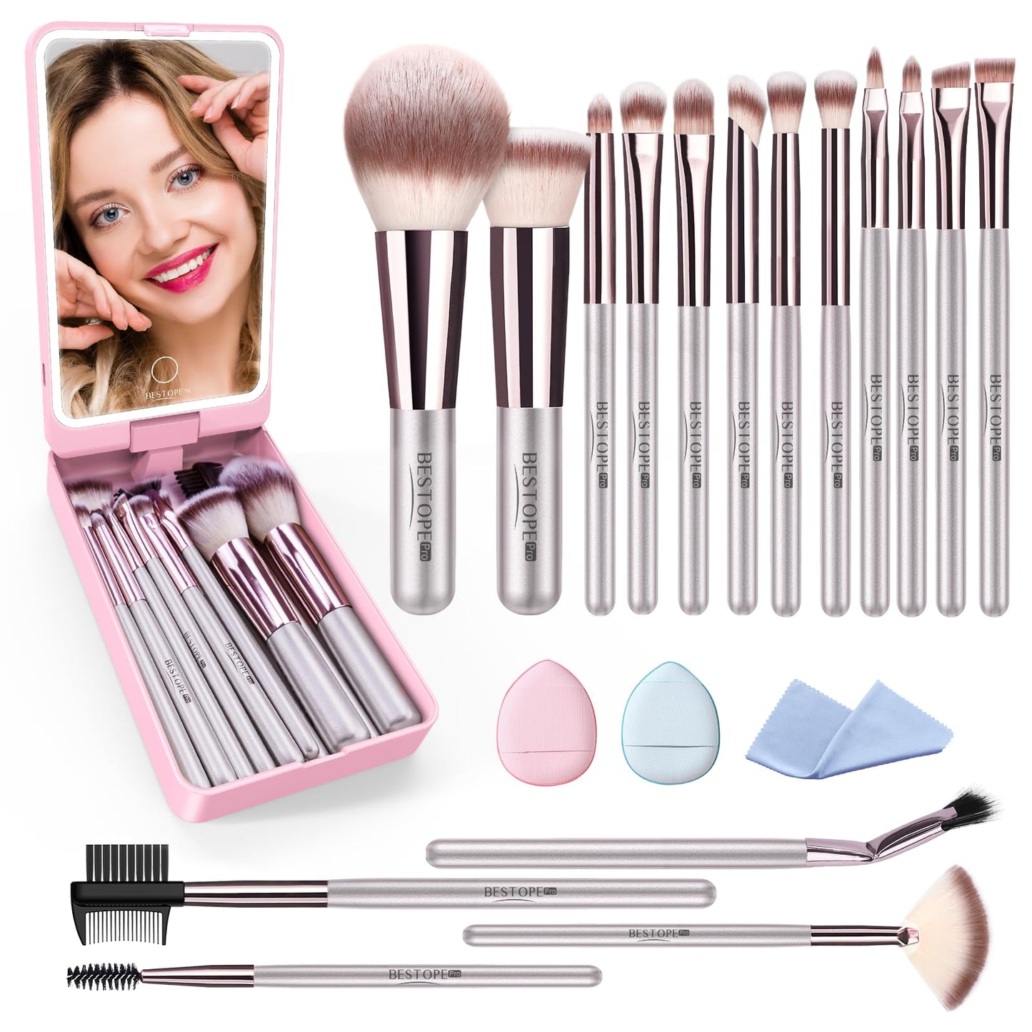 Makeup Brushes with Case, 20PCs Travel Makeup Brush Set, Foundation Concealer Blush Eyeshadow Brush Set Contour Powder Eyebrow Eyelash Brush Kit with Led Light Mirror Holder & 2 Powder Puff-Champagne