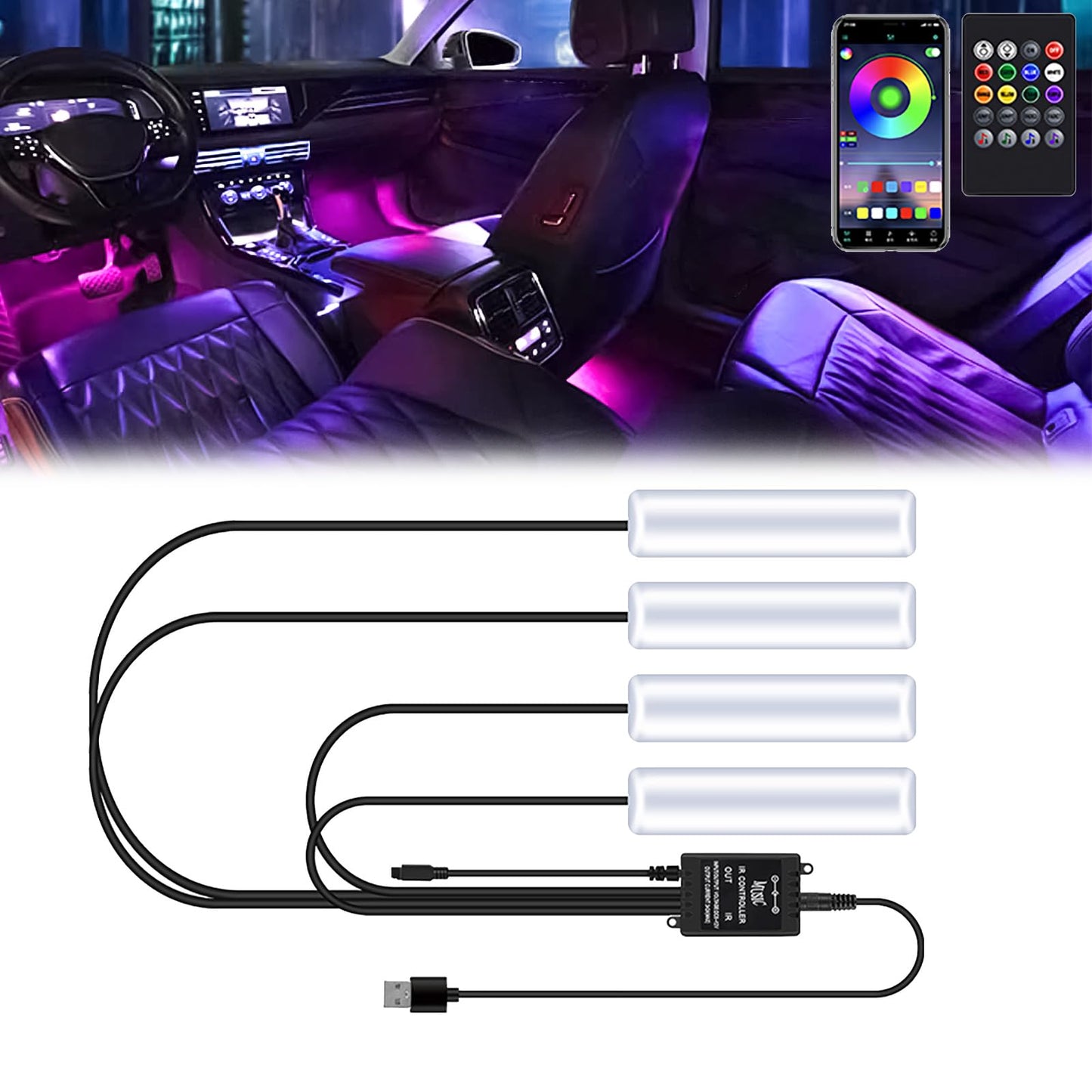 HBXJGS Lot de 4 bandes lumineuses LED pour intérieur de voiture, éclairage d'ambiance 8 en 1, mode musique, éclairage pour plancher de voiture avec contrôle par application (interface USB)