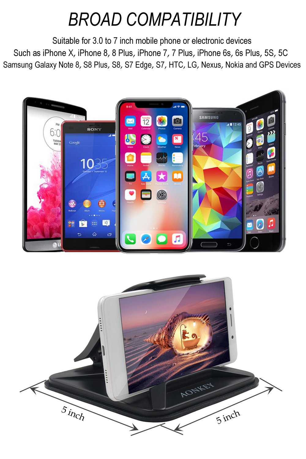 AONKEY Support de téléphone portable pour voiture, support de tableau de bord antidérapant pour GPS, support de voiture universel pour tous les smartphones, compatible iPhone XR XS Max X 8 7 6S Plus, Galaxy S10/S9 Plus S8 Note 9/8, LG V30, Pixel 3 XL