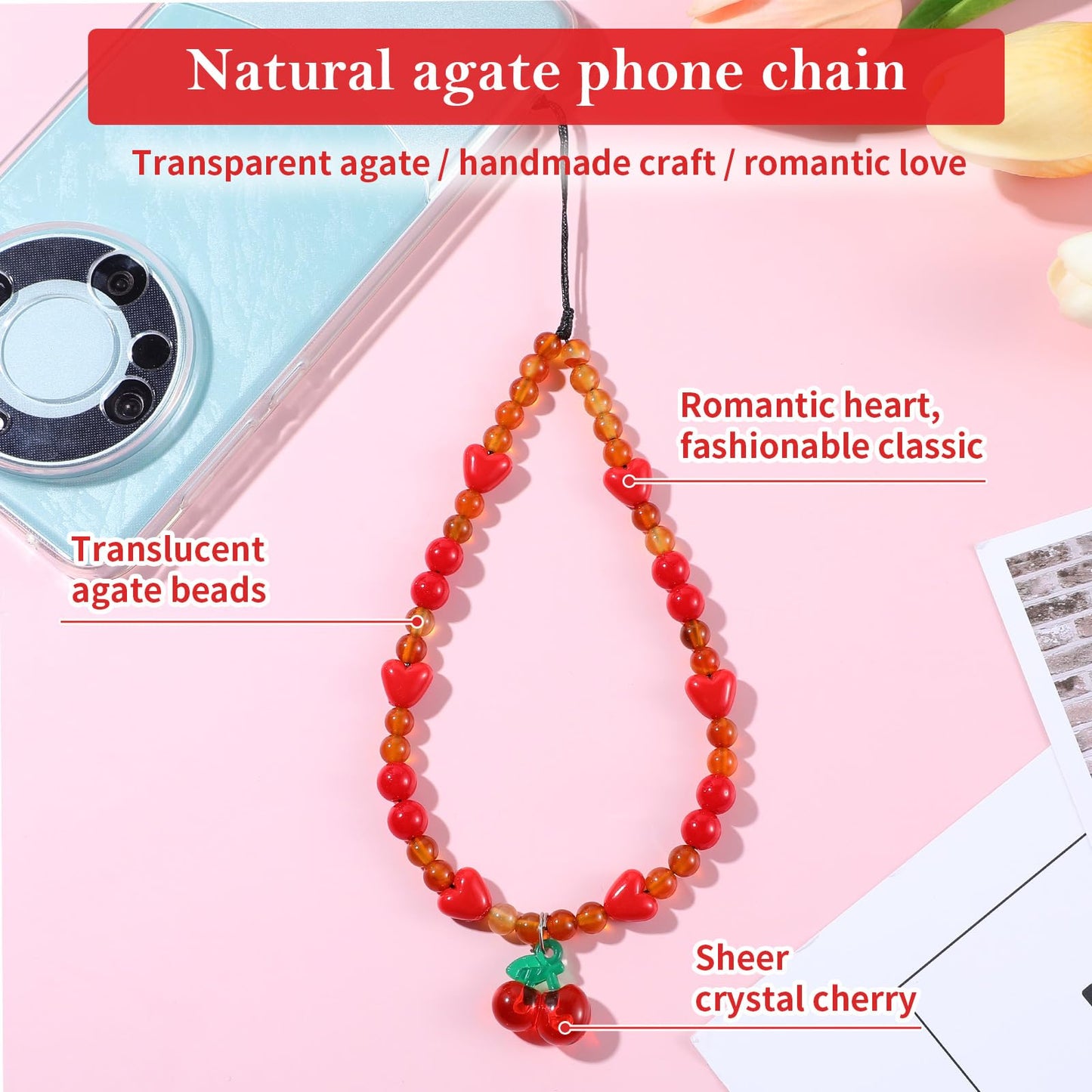 YUXIANLB Phone Charms Strap 1PC Beaded Phone Wrist Strap Universal Cell Phone Lanyard Wrist Chain Cherry Cellphone Lanyard Handmade Phone Cases Accessories For Women Phone Cases Camera Pendant Decor