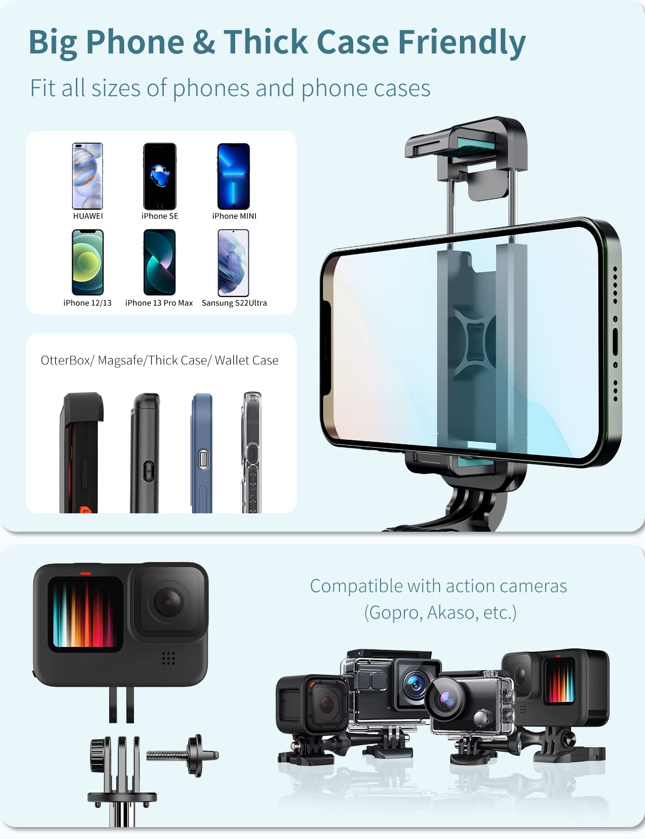 Trípode para selfies con control remoto inalámbrico desmontable, 4 en 1, extensible, portátil y soporte para teléfono compatible con GoPro, iPhone/Samsung/Huawei