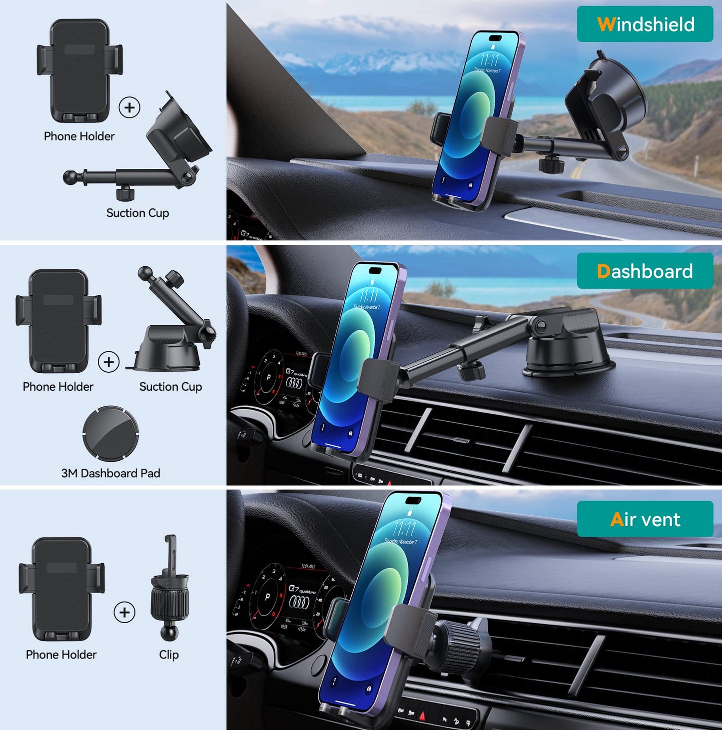 DOLYOFG Car Phone Holder Mount, [Military-Grade Suction & Super Sturdy Base] 3 in 1 Universal Phone Mount for Car Dashboard Windshield Air Vent Hands Free Car Mount for iPhone Android Smartphone