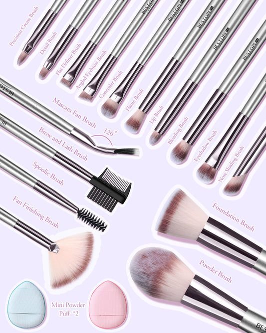 Makeup Brushes with Case, 20PCs Travel Makeup Brush Set, Foundation Concealer Blush Eyeshadow Brush Set Contour Powder Eyebrow Eyelash Brush Kit with Led Light Mirror Holder & 2 Powder Puff-Champagne