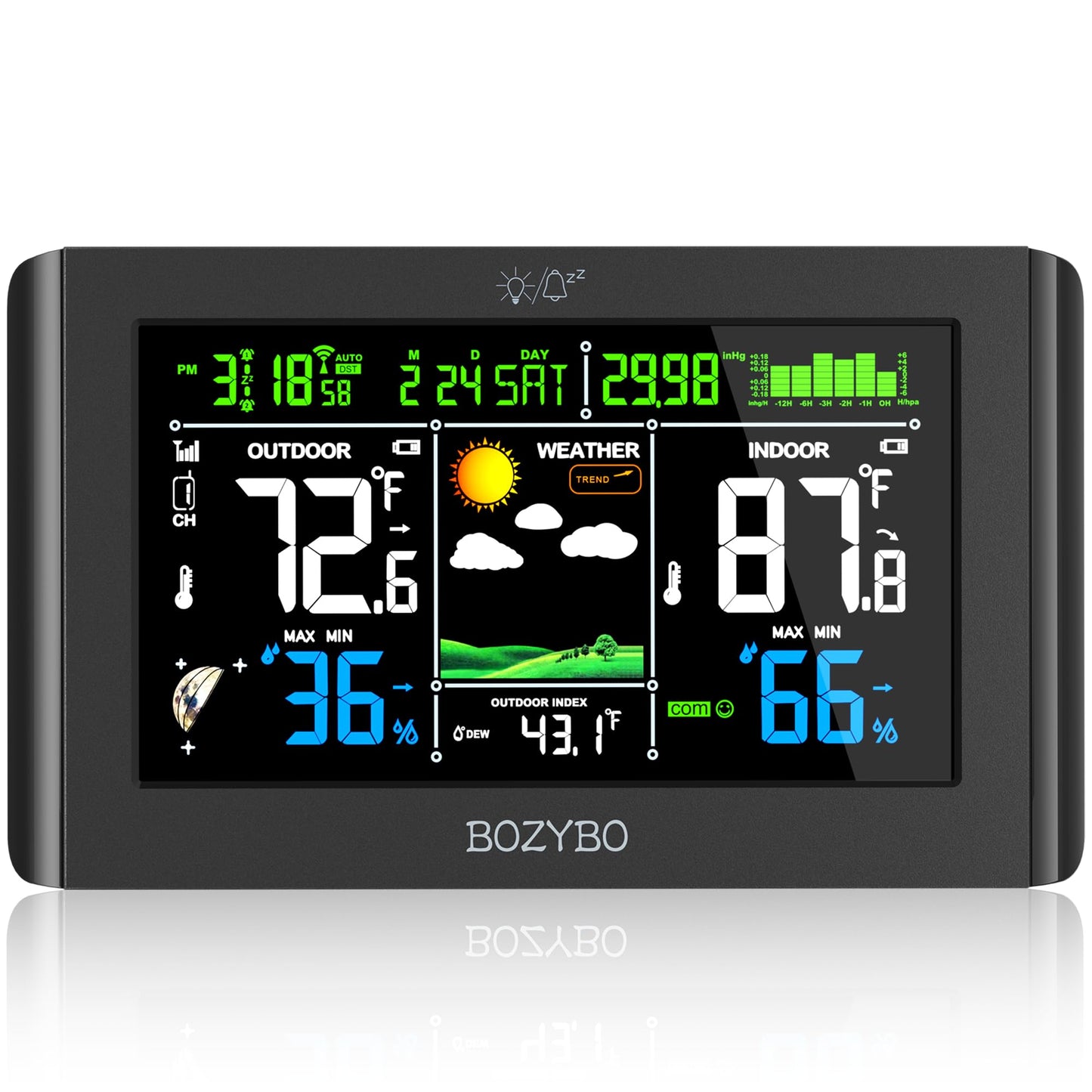 BOZYBO Station Météo Thermomètre Intérieur Extérieur Sans Fil : Thermomètre Météo Numérique avec Horloge Atomique Moniteur de Température et d'Humidité avec Calendrier Rétroéclairage Réglable et Calendrier