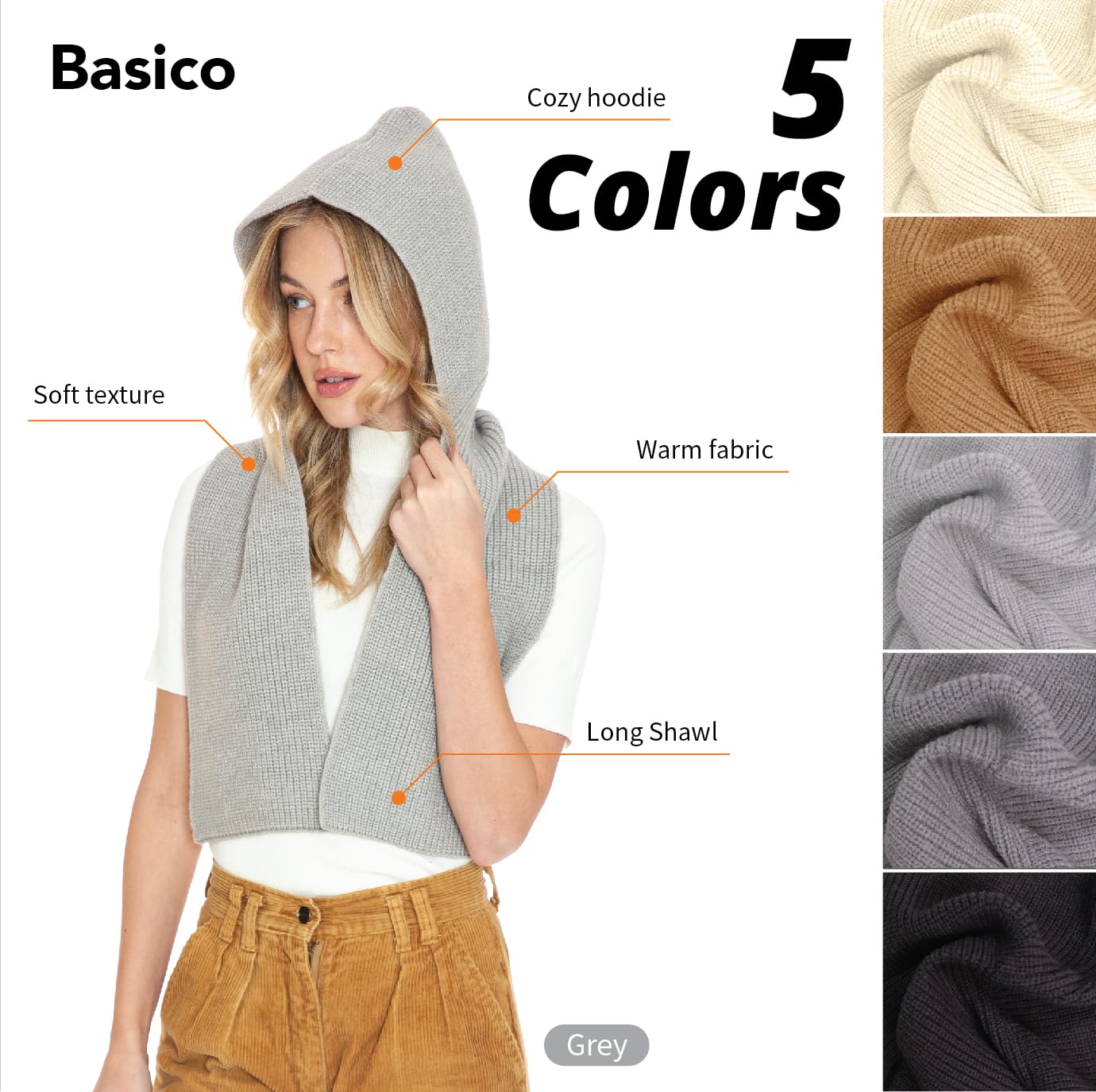 Écharpe à capuche tricotée BASICO 5 couleurs pour femmes et hommes - Cagoule d'hiver - Blanc crème, caramel, gris clair, gris chiné, noir (noir)