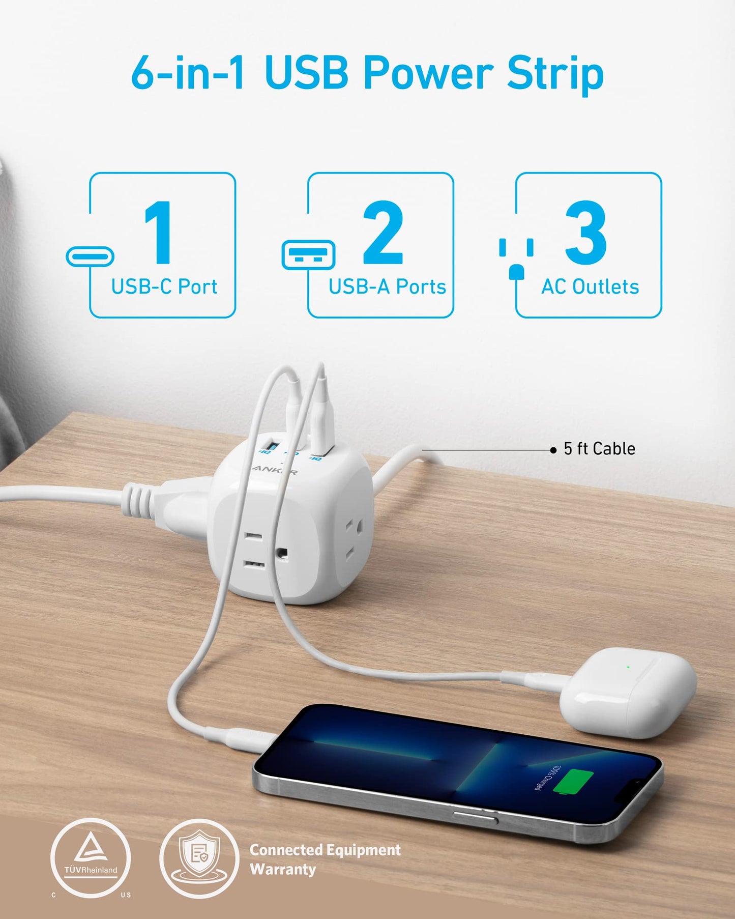 Anker 20W USB C Power Strip, 321 Power Strip with 3 Outlets and USB C Charging for iPhone 15/15 Plus/15 Pro/15 Pro Max, 5 ft Extension Cord, Power Delivery Charging for Dorm Rooms,Home Office