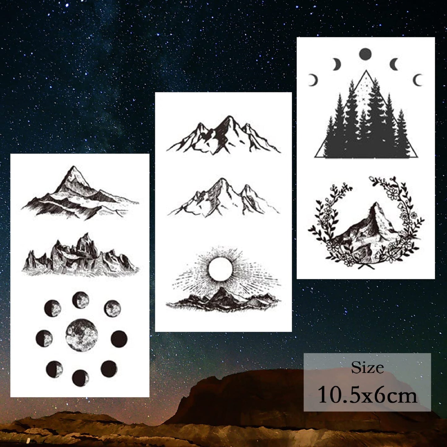 Hotoyannia 62 Sheets Mountain Temporary Tattoos Stickers, Including Fake Tattoos Waterproof Black Geometry Sun Star Moon Tree Triangle Sea Wave Semi Permanent Tattoos for Adult and Kids