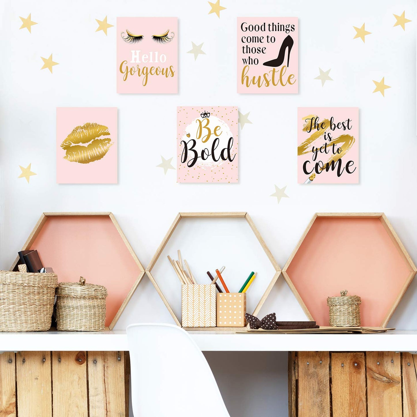 Inspiration Wall Decor, 9 Pieces Bedroom Decor for Women, Pink and Gold Makeup Lash Lips Wall Art Poster, Motivational Quotes Fashion Prints for Women Bathroom Home Decor, 8 x 10 Inch, Unframed