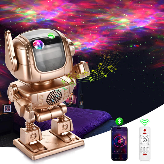 Projecteur de galaxie robot, projecteur d'étoiles astronaute, veilleuse LED nébuleuse étoilée avec minuterie, télécommande, haut-parleur Bluetooth à bruit blanc, projection rotative à 90 ° pour chambre à coucher Noël (type A)