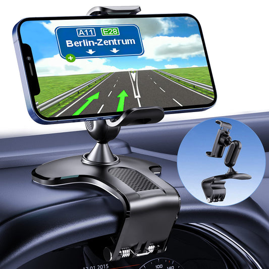 Support de téléphone portable pour tableau de bord rotatif à 360 degrés pour support de fixation à clip de voiture adapté aux smartphones de 4 à 7 pouces (noir)