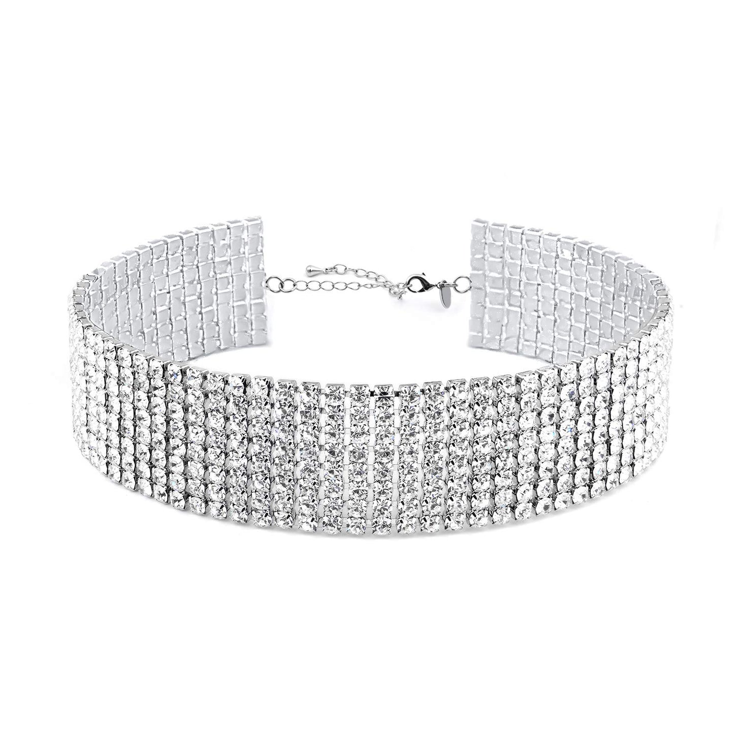 Zealmer Wide Fake Diamond Choker 8 Row White Gold Plated