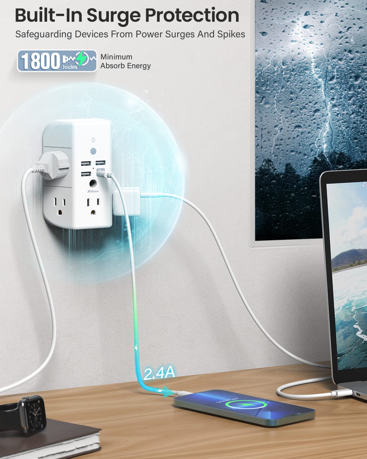 Extensor de toma de corriente de pared con estante y luz nocturna, protector contra sobretensiones, cargador de pared USB con 5 tomas de CA y 3 puertos USB, 1 toma USB C, regleta de enchufes de 3 lados de amplio espacio, enchufes múltiples…