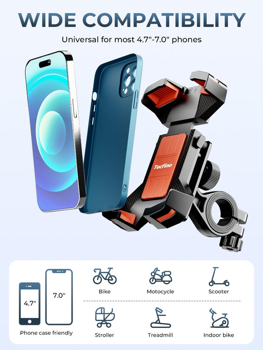 Tecfino Motorcycle Phone Mount, 360° Rotatable Bike Phone Holder, 1s Lock Bike Phone Mount Handlebar Clamp, Cell Phone Holder for Bicycle Scooter, Motorcycle Accessories for 4.7"-7" Smartphones Orange