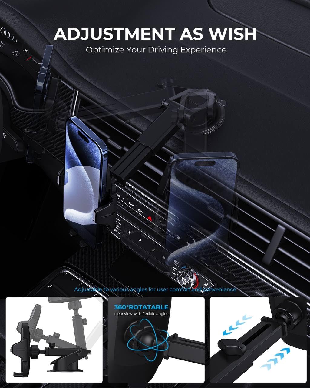 Primoov Cellphone Holder for Car 【Phone Stand for Car】 Phone Holders for Your Car 【360° Rotation】 Car Phone Holders for iPhone 16/15/14/13 Pro Plus Max - Dashboard Cell Phone Holder Easy Installation