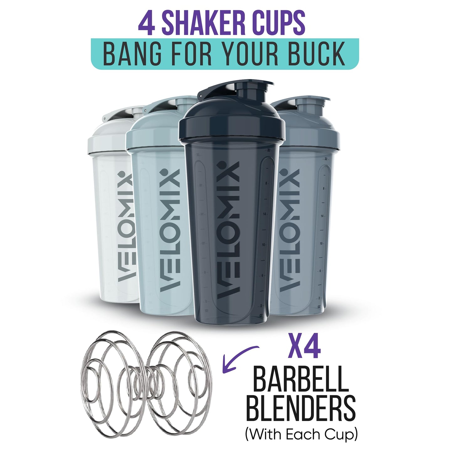 VELOMIX -4 PACK- 28 oz Shaker Cups for Protein Shakes - 4x Wire Whisk | Leak Proof Protein Shaker Bottles for Protein Mixes | Protein Shaker Bottle Pack | Mixer for Protein Shakes(Aqua Depths)