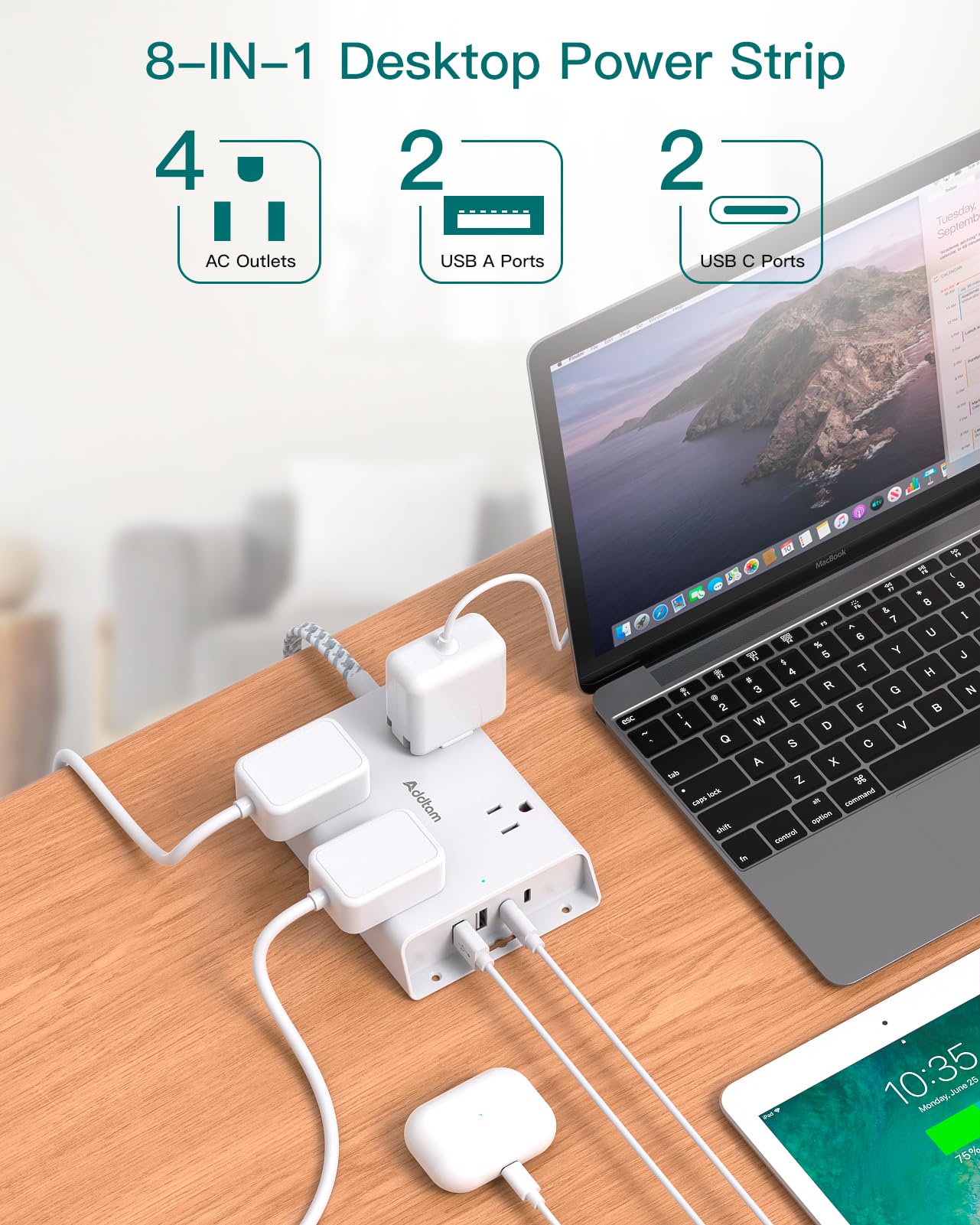 Surge Protector Power Strip, Addtam 5 ft Flat Plug Extension Cord with 4 USB Wall Charger(2 USB C Port), 4 Widely Outlets Desk Charging Station, Home Office and College Dorm Room Essentials