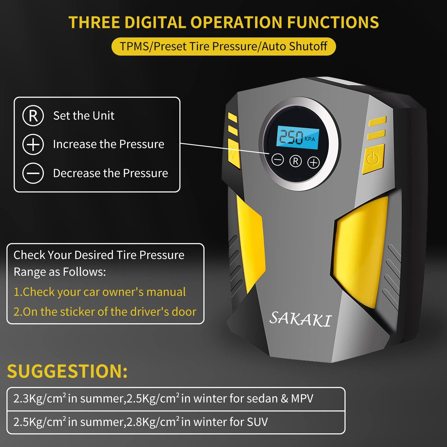 Gonfleur de pneu Compresseur d'air portable Pompe à pneu de voiture avec 3 adaptateurs de buse et lumière LED numérique DC 12V Pompe à air électrique pour pneus de voiture et autres gonflables Jaune