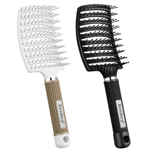 Kertiberif 2 Pack Curved Vented Detangling Brush for Wet and Dry Hair, Paddle Styling Hair Brush for Faster Blow Drying, Detangler Brush for Women Men Curly Thick Hair