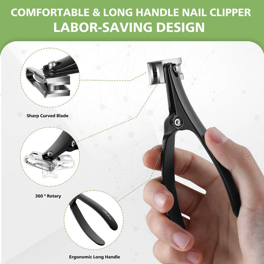 BALUCA 360° Rotating Jaw Toenail Clippers for Thick Nails for Seniors - Comfortable Grip Handle Fingernail Clippers, Upgraded Design Nail Cutters Trimmer for Men and Women