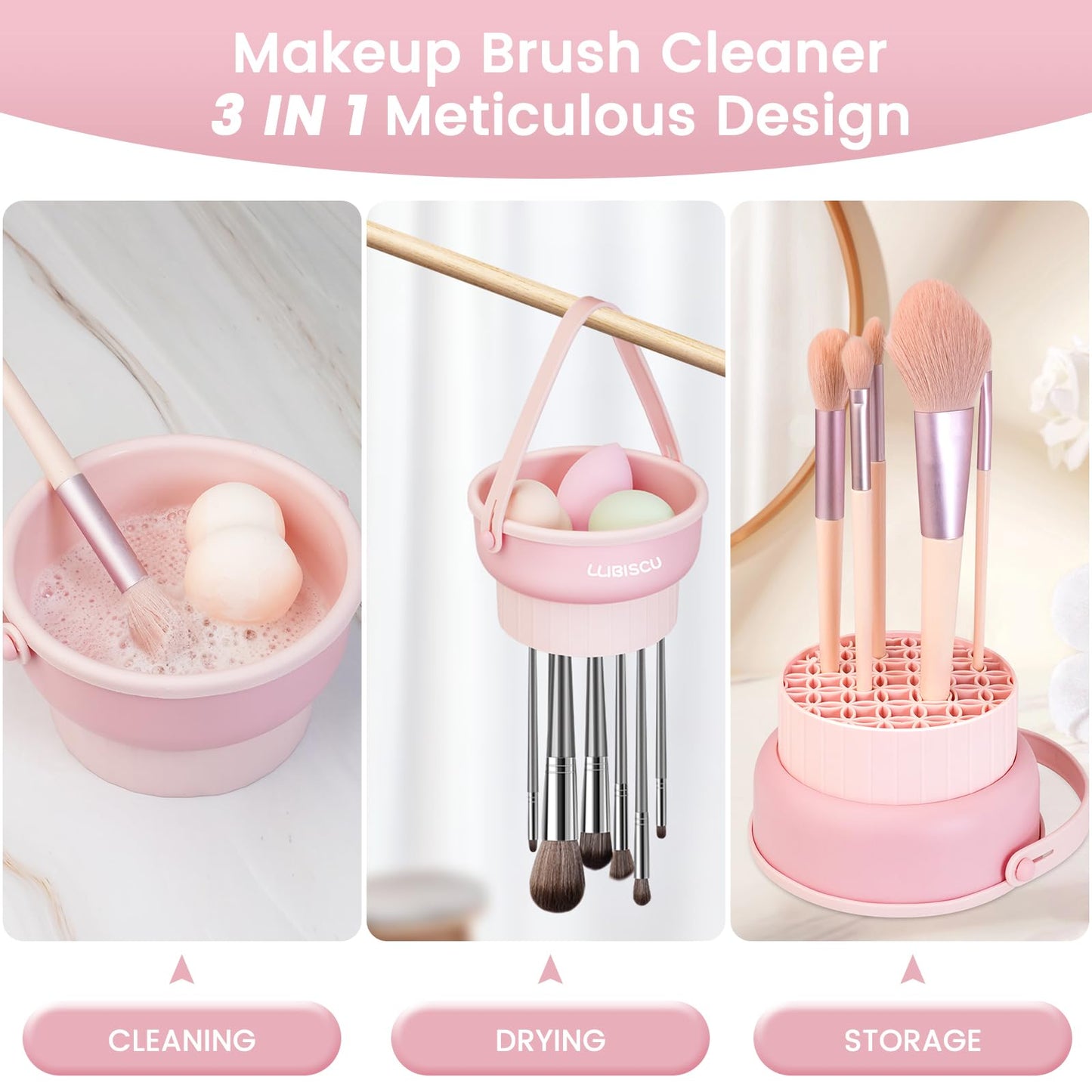 LLIBISCU Makeup Brush Cleaner, 3 in 1 Clean, Dry, Storage Makeup Brush Cleaners Mat, Environmentally Friendly Silicone Makeup Brush Cleaning Bowl, Makeup Brush Cleaner for Makeup Lovers