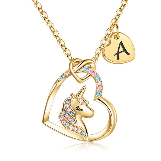 Collier Licorne Hidepoo Cadeaux - Pendentif Coeur en Zircone Cubique Coloré Collier Licorne Bijoux Cadeaux d'Anniversaire Cadeaux Licornes Un Collier Licorne Coeur Initial Bijoux Licorne Cadeaux d'Anniversaire