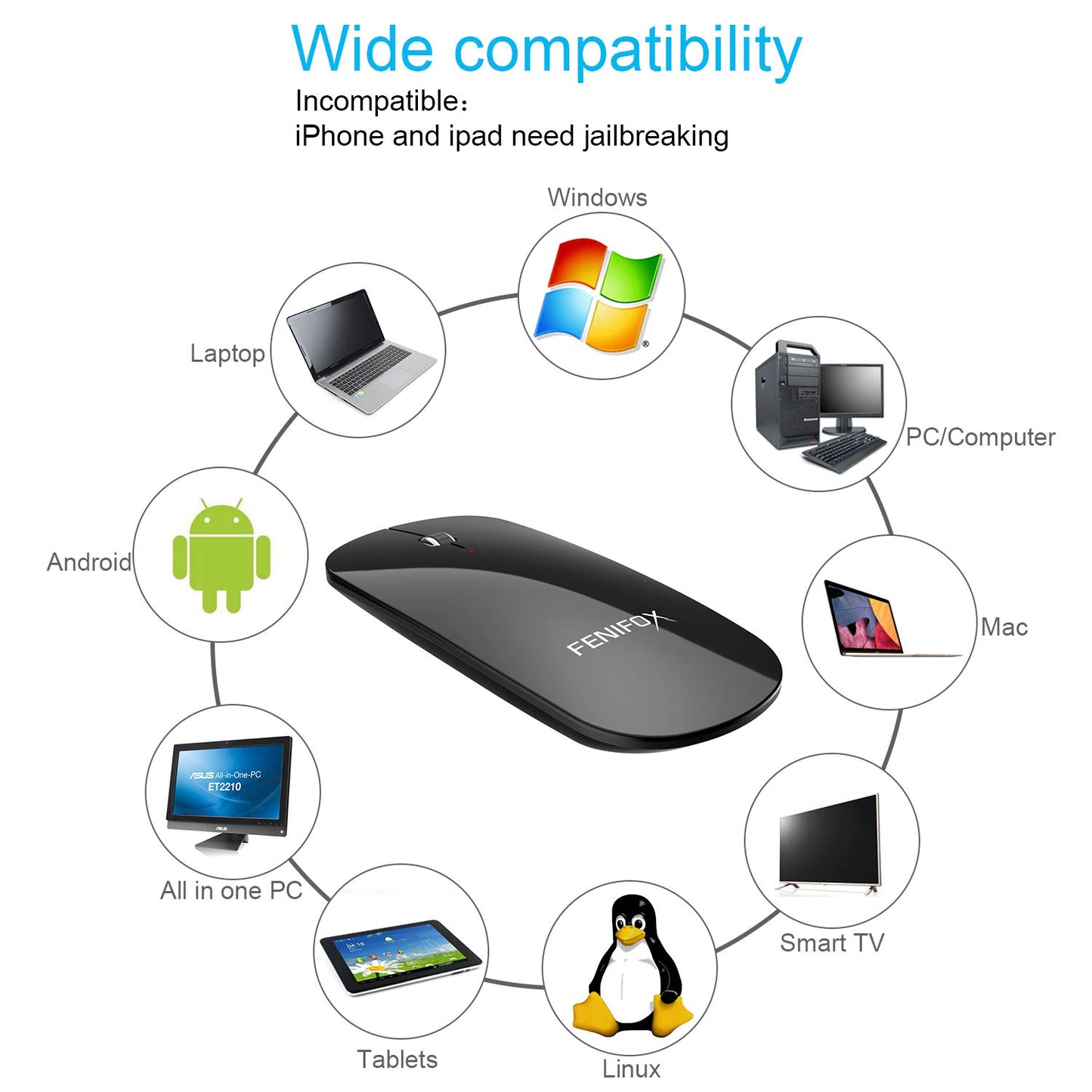 Bluetooth Mouse FENIFOX Slim Mini Whisper-Quiet Flat Portable Wireless Mice Rechargeable Compatible with Laptop,PC,Tablet Android Windows XP(Black)