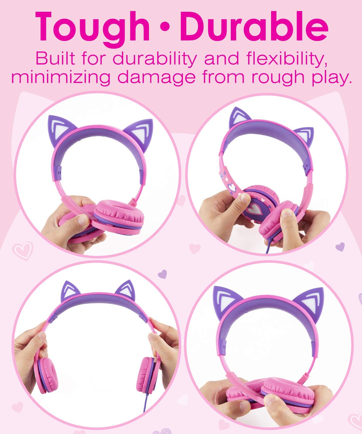 FosPower Kids Headphones with LED Cat Ears (Safe Volume Limit 85 dB), 3.5mm On-Ear Wired Headphones with Laced Tangle-Free Cables for Boys/Girls/School/Travel - Hot Pink/Purple