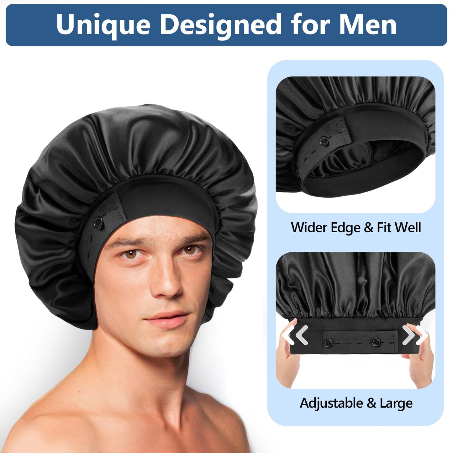 Gorros de seda para hombres, gorro de satén para dormir, dobladillo ajustable y doble capa, gorro grande para dormir para trenzas de cabello rizado que se mantiene puesto toda la noche (negro)